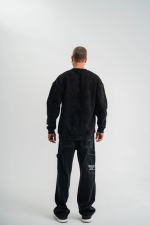 Unisex Bisiklet Yaka Özel Pis Dikişli Yıkamalı SweatShirt - Siyah - Görsel 3