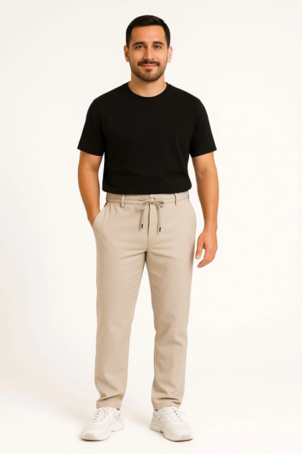 Erkek Diagonel Mikro Dokulu Cepli Pantolon - Bej