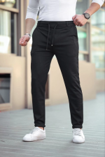 Erkek Diagonel Mikro Dokulu Cepli Beli Lastilki Pantolon - Siyah