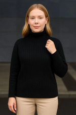 Balıkcı Yaka Bağazlı Triko Kazak Pamuklu Kalın Fitilli Dokuma - Siyah - Görsel 2