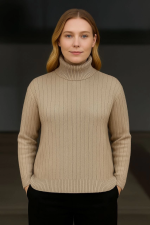 Balıkcı Yaka Bağazlı Triko Kazak Pamuklu Kalın Fitilli Dokuma - Bej - Görsel 3