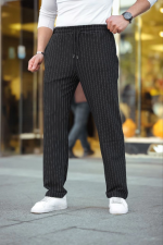 Erkek Cizgili Dokuma Krep Jogger Buggy Pantalon Rahat Kalıp - Siyah - Görsel 3