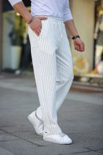 Erkek Cizgili Dokuma Krep Jogger Buggy Pantalon Rahat Kalıp - Beyaz - Görsel 2