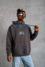 Erkek Yıldırım Baskılı Kapşonlu Sweatshirt - Gri - Görsel 3