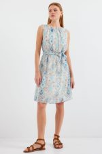 2501 Desenli Sıfır Kol Şifon Elbise - Mavi - Görsel 3