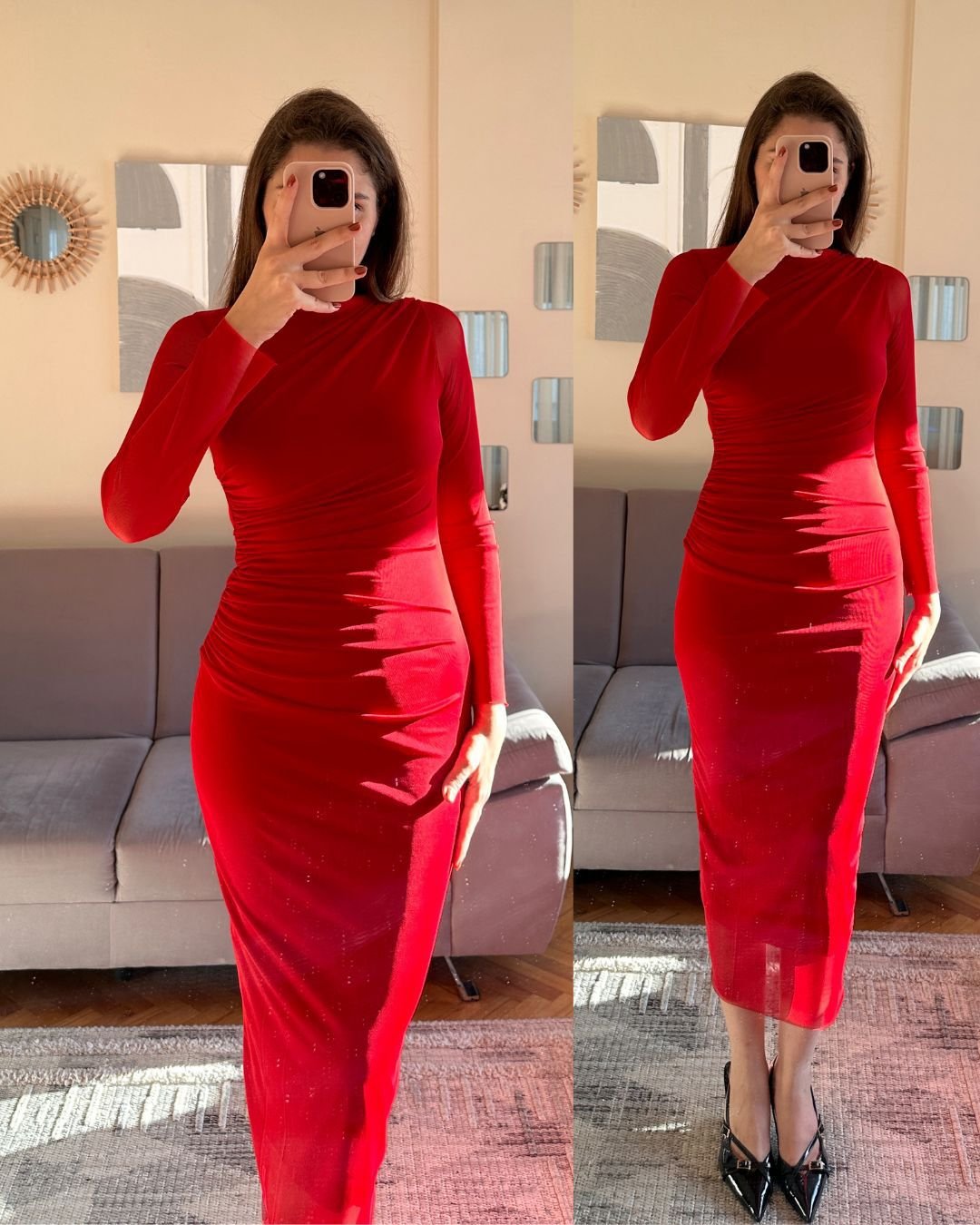 a0227fa0247876291c45de5988424a45 Kadın Drapeli Tül Kumaş Uzun Kollu Midi Boy Elbise - Görsel 1