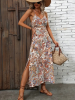 Kadın Ip Askılı V Yakalı Baskılı Yırtmaçlı Süprem Uzun Elbise - Görsel 3