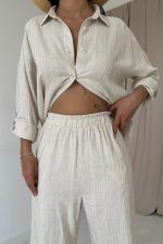 Bej Jakar Petek Gömlek Ve Pantolon Takım - Görsel 3