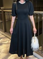 Kadın Bisiklet Yaka Kısa Kol Lastik Detay Uzun Elbise