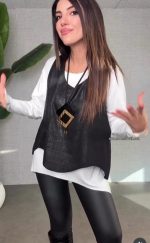 Kadın Siyah Deri Yelekli Kolye Dahil üçlü Takım - Görsel 3