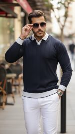 Erkek Renkli Yaka Manşet Uzun Kollu Triko - Görsel 3