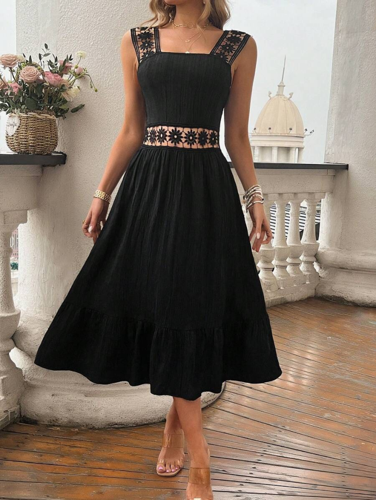 a1a18f321596f9efb2df Kadın Askılı Ve Beli Dantel Detaylı Fırfırlı Uzun Bürümcük Elbise - Görsel 1