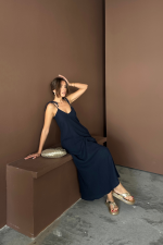 ASKILI UZUN SALAŞ MÜSLİN ELBİSE - Lacivert - Görsel 2