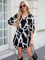 Kadın Uzun Kollu V Yakalı Desenli Dalgıç Elbise
