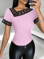 Kadın Kısa Kollu Dantel Yaka Viskon Bluz - Görsel 3