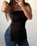 Kadın Kolsuz Iki Yanı Fermuarlı Straplez Dalgıç Bluz - Görsel 2