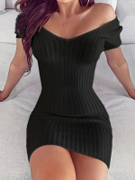 Kadın Kısa Kollu V Yaka Fitilli Triko Elbise - Görsel 3