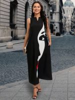 Kadın Sıfır Kol V Yakalı Kadın Yüz Desenli Süprem Elbise - Görsel 3