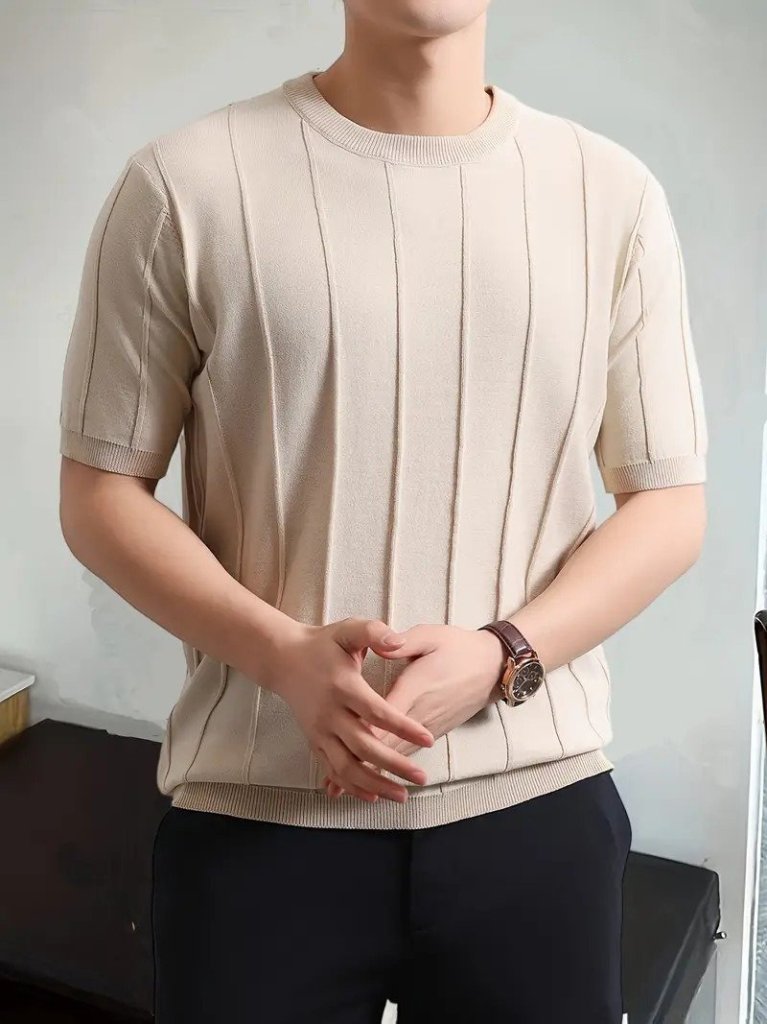 a4b85376ce065f2e6cb9 Erkek Kısa Kollu Bisiklet Yaka çizgili Triko Bluz - Görsel 1