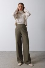 Beli Yarım Lastikli Palazzo Pantolon - Haki - Görsel 3