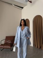 ÇİZGİLİ KETEN YELEK-PANTOLON TAKIM - Mavi - Görsel 3