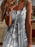 Kadın Askılı Yuvarlak Yaka Etek Geniş Kesim Desenli Süprem Elbise - Görsel 2