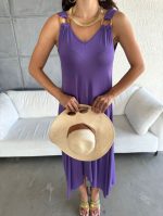 Kadın çan Dokuma Kumaş V Yaka Asimetrik Kesim Elbise - Görsel 2