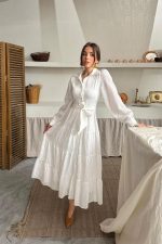 Ekru Çizgi Desenli Uzun Elbise - Görsel 2