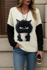 Kadın Uzun Kollu V Yakalı Kedi Baskılı şardonlu Dalgıç Bluz - Görsel 3
