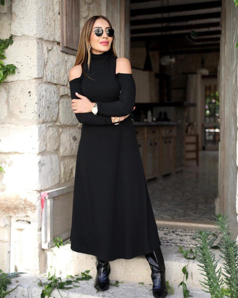 a6cddd4ef4d791f34823 Kadın Balıkçı Yaka Omuzlardan Açık Uzun Kollu Janjan Krep Elbise - Görsel 1