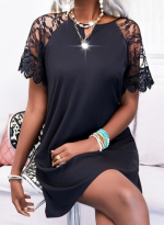 Kadın Dantelli Kısa Kollu Damla Yaka Krep Elbise