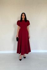 Bordo Arkası Fiyonk Garnili Britli Elbise - Görsel 2