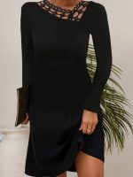 Kadın Uzun Kollu Dantel Yaka Ithal Krep Mini Elbise - Görsel 3