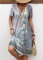 Kadın Kısa Kollu V Yakalı Desenli Süprem Elbise - Görsel 3