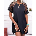 Kadın Dantelli Kısa Kollu Damla Yaka Krep Elbise - Görsel 2