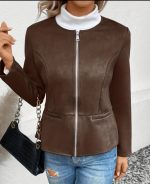 Kadın Uzun Kollu Yuvarlak Yaka önden Fermuarlı Süet Ceket - Görsel 3