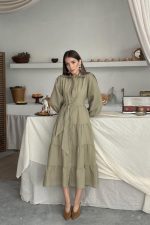 Çağla Çizgi Desenli Uzun Elbise - Görsel 2