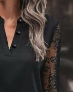 Kadın Uzun Kollu Yaka Düğme Detay Güpürlü Kol Krep Bluz - Görsel 3