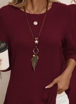 Kadın Uzun Kollu Yuvarlak Yaka Arkadan Düğmeli Waffle Bluz - Görsel 2