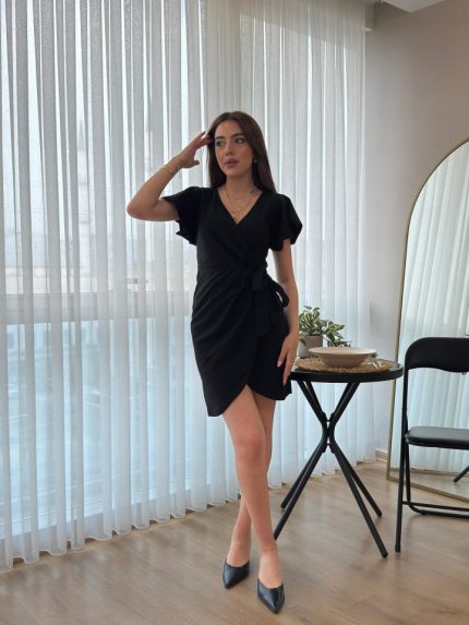 Kadın Kısa Kollu Kruvaze Yakalı Belden Bağlamalı Ithal Krep Elbise