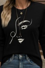 Kadın Uzun Kollu Bisiklet Yaka Yüz Desenli Viskon Bluz - Görsel 2