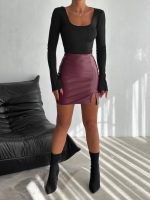 Kadın Yüksel Bel Yırtmaç Detay Mini Deri Etek - Görsel 2