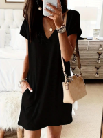 Kadın Kısa Kollu V Yakalı Cepli Kısa Viskon Elbise - Görsel 3