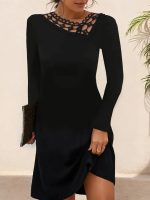 Kadın Uzun Kollu Dantel Yaka Ithal Krep Mini Elbise - Görsel 2