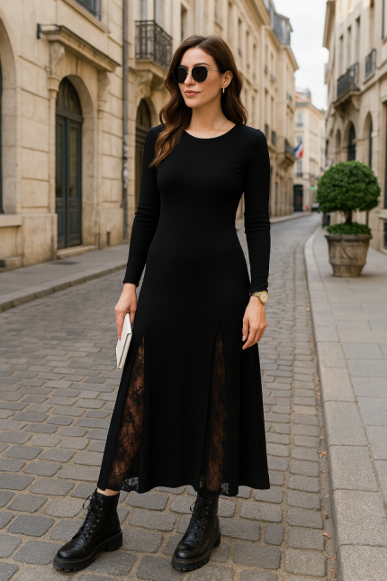 Kadın Uzun Kollu Bisiklet Yaka Sırt Dekolteli Dantel Yırtmaçlı Uzun Krep Elbise