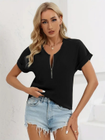 Kadın Kısa Kollu V Yaka Fermuarlı Salaş Sandy Bluz - Görsel 2