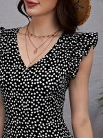 Kadın Kısa Kollu V Yakalı Desenli Fırfırlı Süprem Elbise - Görsel 3