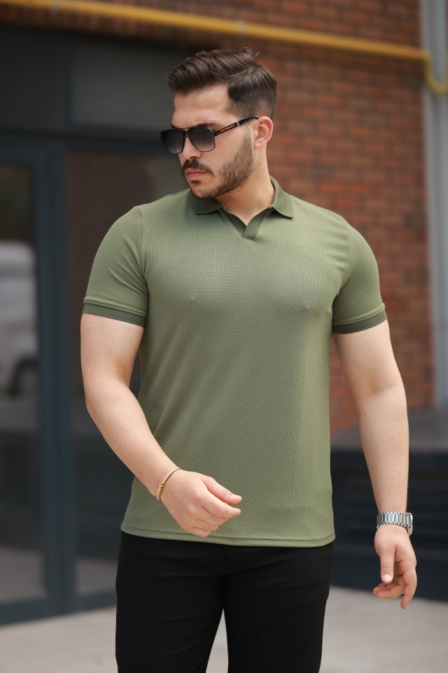 ace03fd3954ee5bfbc9a76eb4fd78b4b Erkek Yakalı Waffle Dokulu Kısa Kollu Tişört - Görsel 1