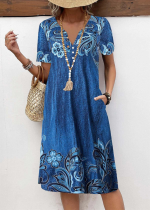 Kadın Kısa Kollu V Yakalı çiçek Baskılı Midi Süprem Elbise - Görsel 3