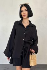 Siyah Gömlek Ve Müslin Şort Takım - Görsel 2